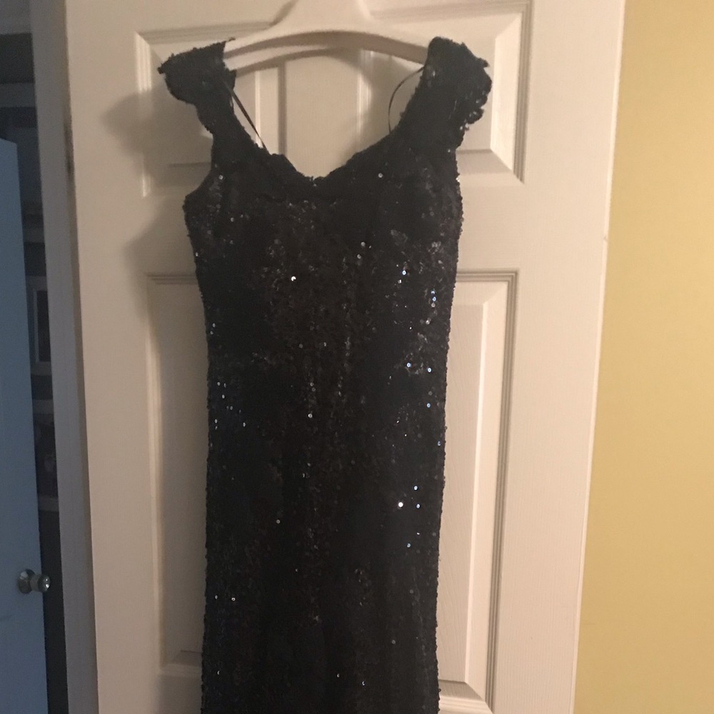 Renee Ruiz navy lace and sequins formal gown